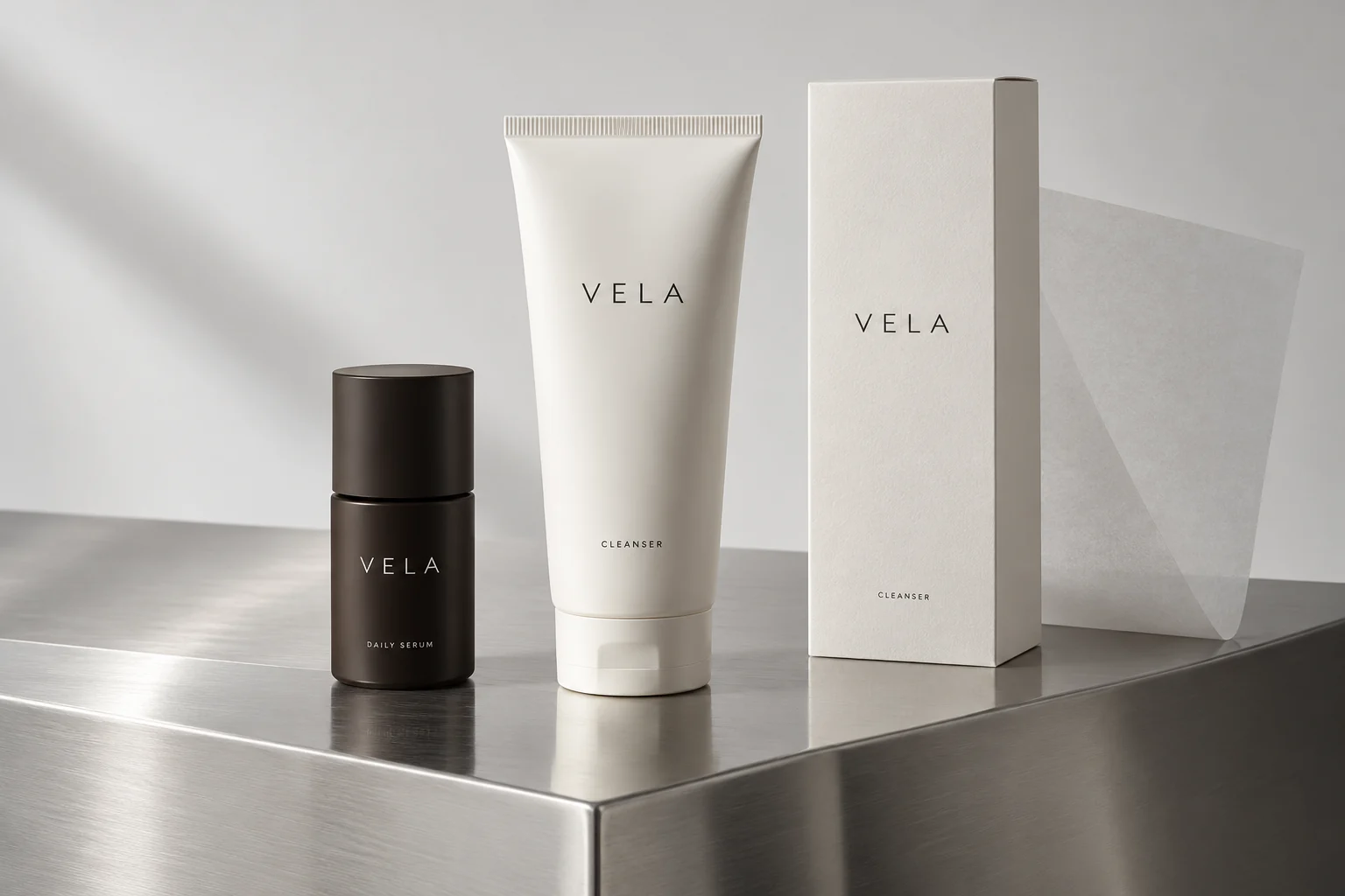 VELA serum bottle, porcelain cleanser tube and carton arranged on brushed steel with translucent paper